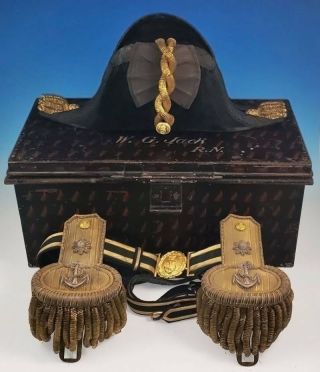 Wwi Royal Navy Officer Bicorn Cocked Hat Epaulette Set Sword Belt Metal Case