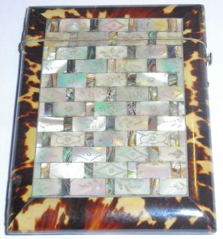 Antique Victorian Mother Of Pearl Abalone Shell Tortoiseshell Card Case