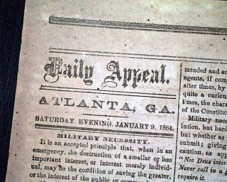 Rare Atlanta Ga Georgia Confederate Memphis Tn Civil War 1864 Old Newspaper