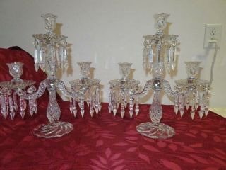 Pair Art Deco Cut Glass Crystal Candelabra Girandole Mantel Candle Holders