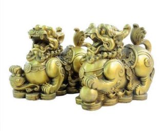 Chinese Feng Shui Brass Wealth Ruyi Money Pixiu Unicorn Lion Beast Statue Pair