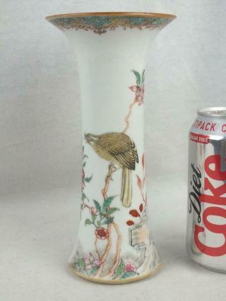 18th C Chinese Porcelain Famille Rose Bird Of Prey Magpie Trumpet Vase