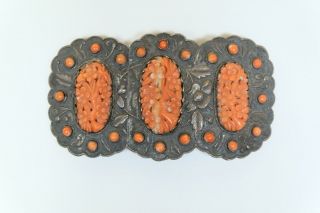A Silver Coral Belt Buckle,  Chinese Qing Dynasty.  Marked.