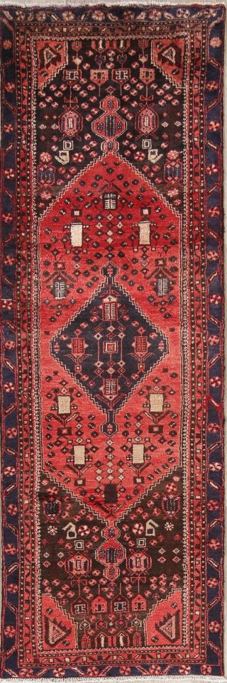 Vintage 8 Ft Runner Hamedan Persian Tribal Red Wool Rug Geometric 8 