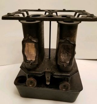 Antique Sad Iron Heater Stove Double - Wick Mica Kerosene Lamp C.  1890 