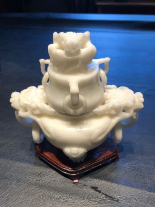 Chinese Hand Carved White Jade Incense Burner Featuring Three Dragons 6”x4”x6”
