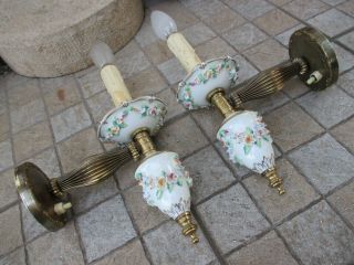 Vintage In Brass & Porcelain Floral Ornate Pair Electric Wall Sconce