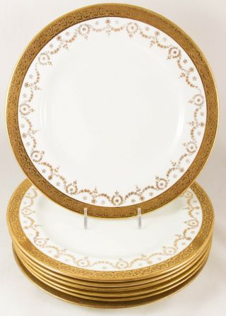 Set 7 Dinner Plates Antique Crown Sutherland China 3586 Raised Gold Encrusted