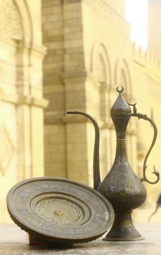 Islamic Mamlike Inlaid Silver Brass Ottoman Pitcher Ewer & Beasin