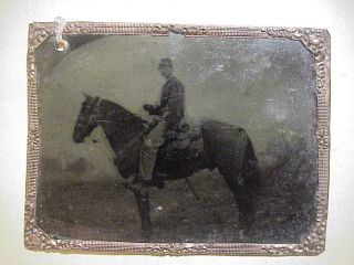 Civil War 1/4 Plate Tintype Photo Of Confederate Soldier On Horseback