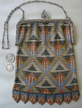 Antique Art Nouveau Deco Silver Frame Blue Orange Black Enamel Chain Mail Purse