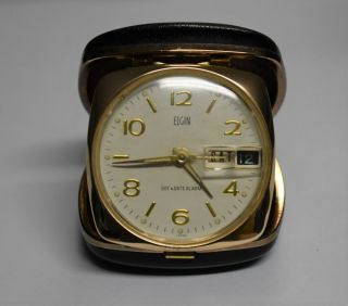 Vintage Elgin Day & Date Alarm Travel Clock In Folding Black Travel Case