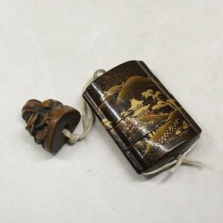 G453: Japanese Old Lacquered Pillbox Inro With Fantastic Makie And Tasty Netsuke