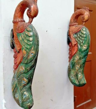 Wooden Wall Peacock Colored Bracket Peafowl Corbel Pair Sculpture Vintage Decor