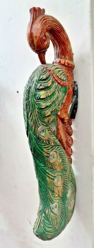 Wooden Wall Peacock Colored Bracket Peafowl Corbel Pair Sculpture Vintage Decor 3