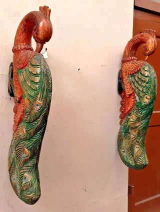 Wooden Wall Peacock Colored Bracket Peafowl Corbel Pair Sculpture Vintage Decor 5