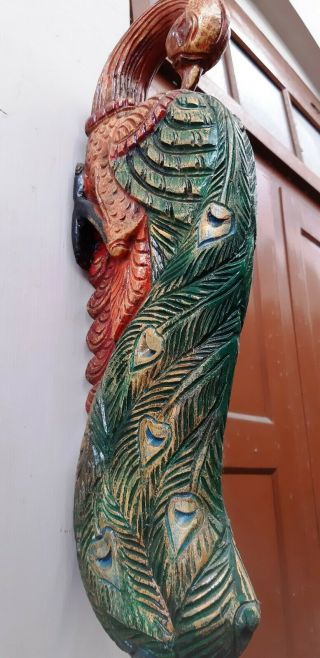 Wooden Wall Peacock Colored Bracket Peafowl Corbel Pair Sculpture Vintage Decor 7