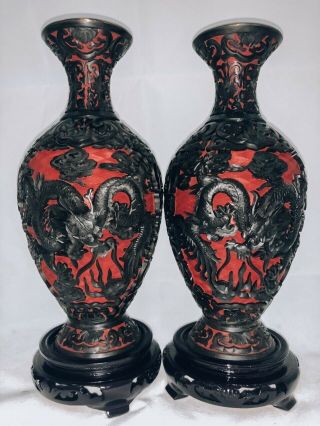 Rare Red And Black Cinnabar Lacquer Vases/dragon Scenery/handmade Detailed Work