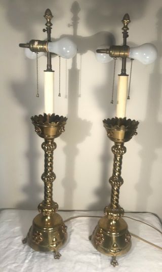 Antique Large Brass Alter Sticks 19th C Belgium Table Lamps