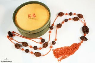 Antique Chinese Hediao Carved Olive & Peach Nuts Coral Necklace - Grosjean Pekin