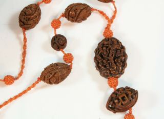 Antique Chinese Hediao Carved Olive & Peach Nuts Coral Necklace - Grosjean Pekin 3