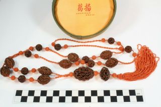 Antique Chinese Hediao Carved Olive & Peach Nuts Coral Necklace - Grosjean Pekin 7