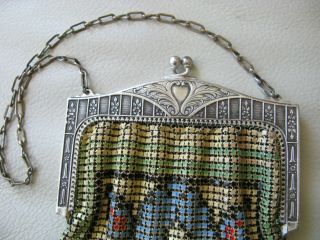 Antique Art Nouveau Deco Silver Frame Green Blue Yellow Enamel Chain Mail Purse 5