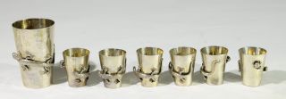 Antique Set 7 Chinese Silver Cups For Liquor Ca.  1900 Relief Lizard Insect Signe