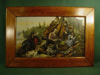 Vintage Antique Mission Oak Arts And Crafts Picture Frame With Camping Print