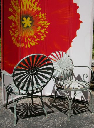 Pair Vintage Francois Carre French Art Deco Sunburst Metal Garden Patio Chairs