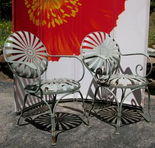 PAIR Vintage FRANCOIS CARRE French Art Deco SUNBURST Metal Garden Patio Chairs 2