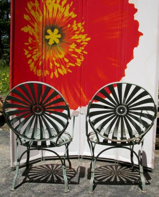 PAIR Vintage FRANCOIS CARRE French Art Deco SUNBURST Metal Garden Patio Chairs 4