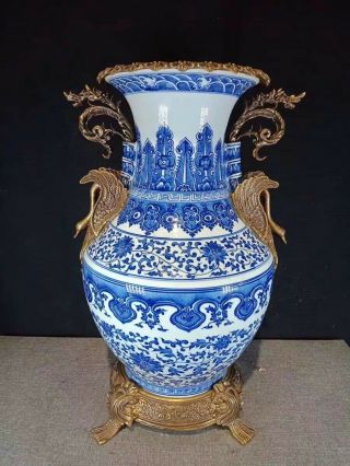 Vintage Chinese Blue And White Porcelain Vase With Bronze Marked Qianlong