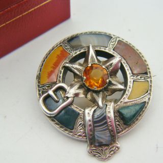 Rare Mid C19th Scottish Silver And Agate & Other Hardstones Buckle Form Brooch