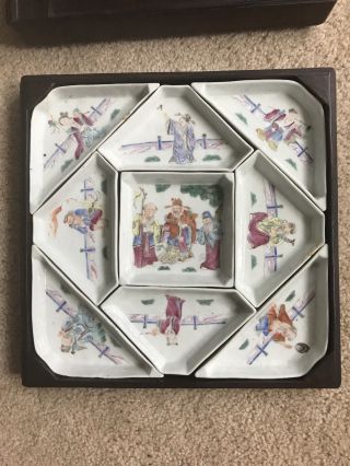 Antique Chinese Famille Rose Porcelain Sweet Meat Dishes With Wood Box