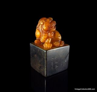 Very Rare and Old Chinese Shoushan Seal Foo Dog,  natural Shoushan stone,  bicolor 2