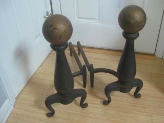 2 Antique Peerless Cast Iron Fireplace Andirons 24 Inch With Stands 1934