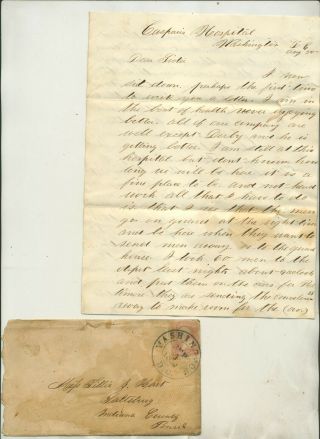 1862 Civil War Era Soldier Letter Casparis Hospital Washington Dc Clarence Hart