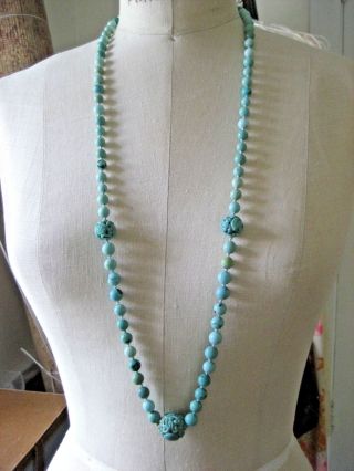 Antique Chinese Natural Turquoise Carved Bead 36 " Necklace With Lucky Beads