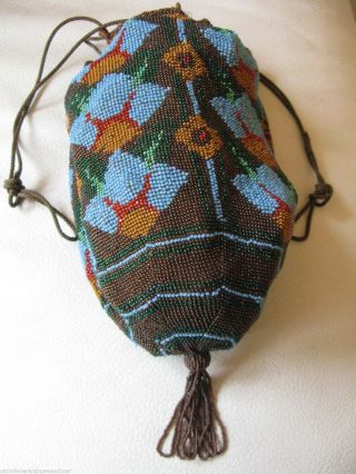 Antique Modernist Art Nouveau Deco Brown Crochet Micro Bead Drawstring Purse