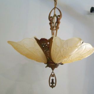 Antique Deco Slip Shade Art Glass Ceiling Chandelier Hanging Light 5 Fixture