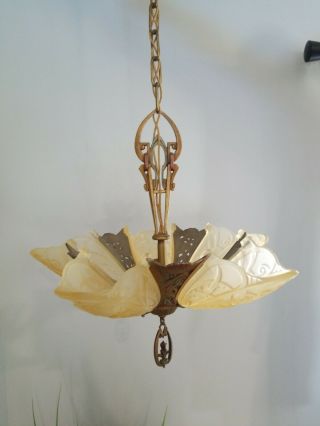 Antique Deco Slip Shade Art Glass Ceiling Chandelier Hanging Light 5 Fixture 2