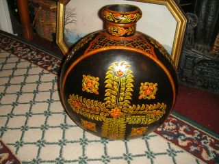 Middle Eastern India Toleware Painted Canteen Vase - Very Large - Unusual Tin 12