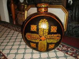 Middle Eastern India Toleware Painted Canteen Vase - Very Large - Unusual Tin