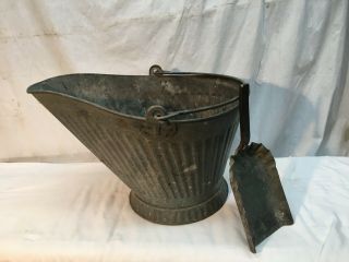 Vintage Coal Bucket Scuttle Ash Shovel Galvanized Ribbed Shell Handle Farmhouse