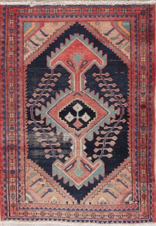 Antique Geometric Tribal Navy Blue & Coral Hamedan Persian Wool Rug Oriental 3x5