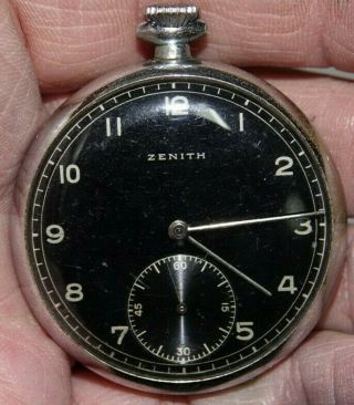 Top Quality Vintage Zenith Pocket Watch - Black Military Style Dial - Very Rare