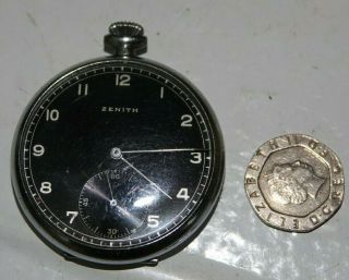 TOP QUALITY VINTAGE ZENITH POCKET WATCH - BLACK MILITARY STYLE DIAL - VERY RARE 2