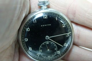TOP QUALITY VINTAGE ZENITH POCKET WATCH - BLACK MILITARY STYLE DIAL - VERY RARE 6