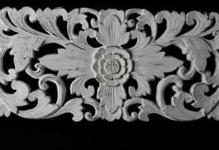 Balinese Lotus Wall Art Panel Hand Carved Wood White Washed Bali Architectural